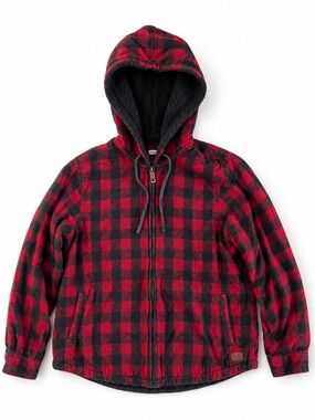 L.L. Bean Buffalo Plaid Sherpa Lined Hooded Flannel Jacket Red Black Size Large
